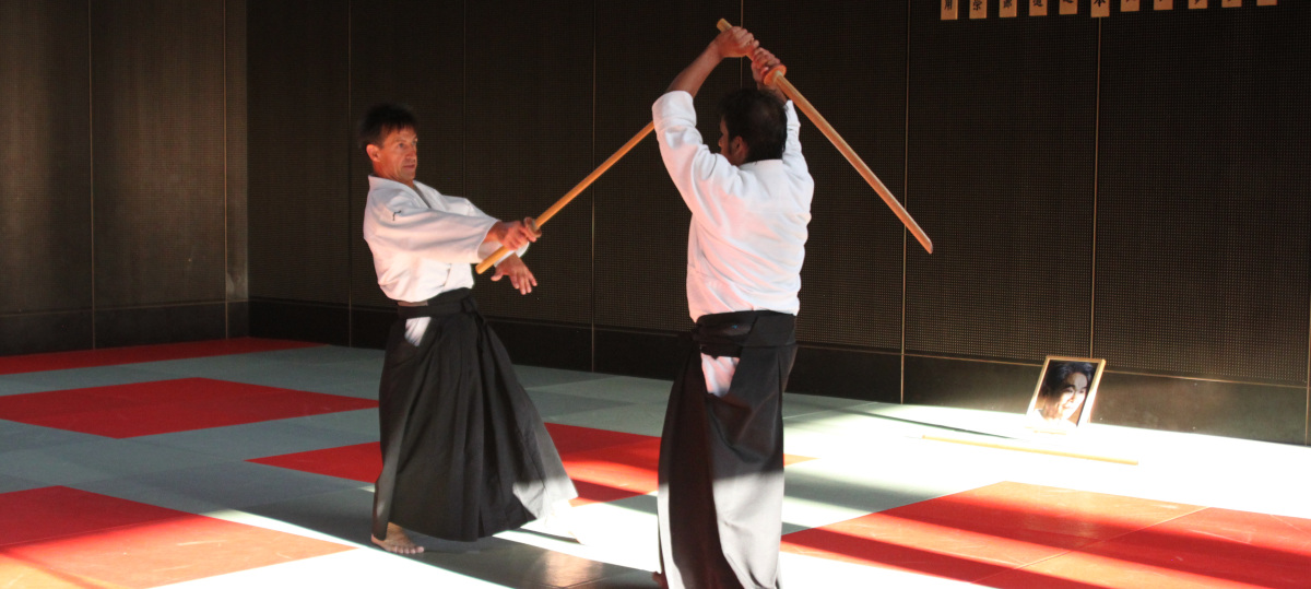 Zwei Personen in Aikidokleidung stehen sich mit Schwerten gegenüber. Die rechte Person setzt zu einem Schnitt an und die linke Person steigt zur Seite, um einem Schnitt auszuweichen